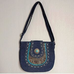 Canyon Sky Elegant Denim Crossbody Bag with Embroidery